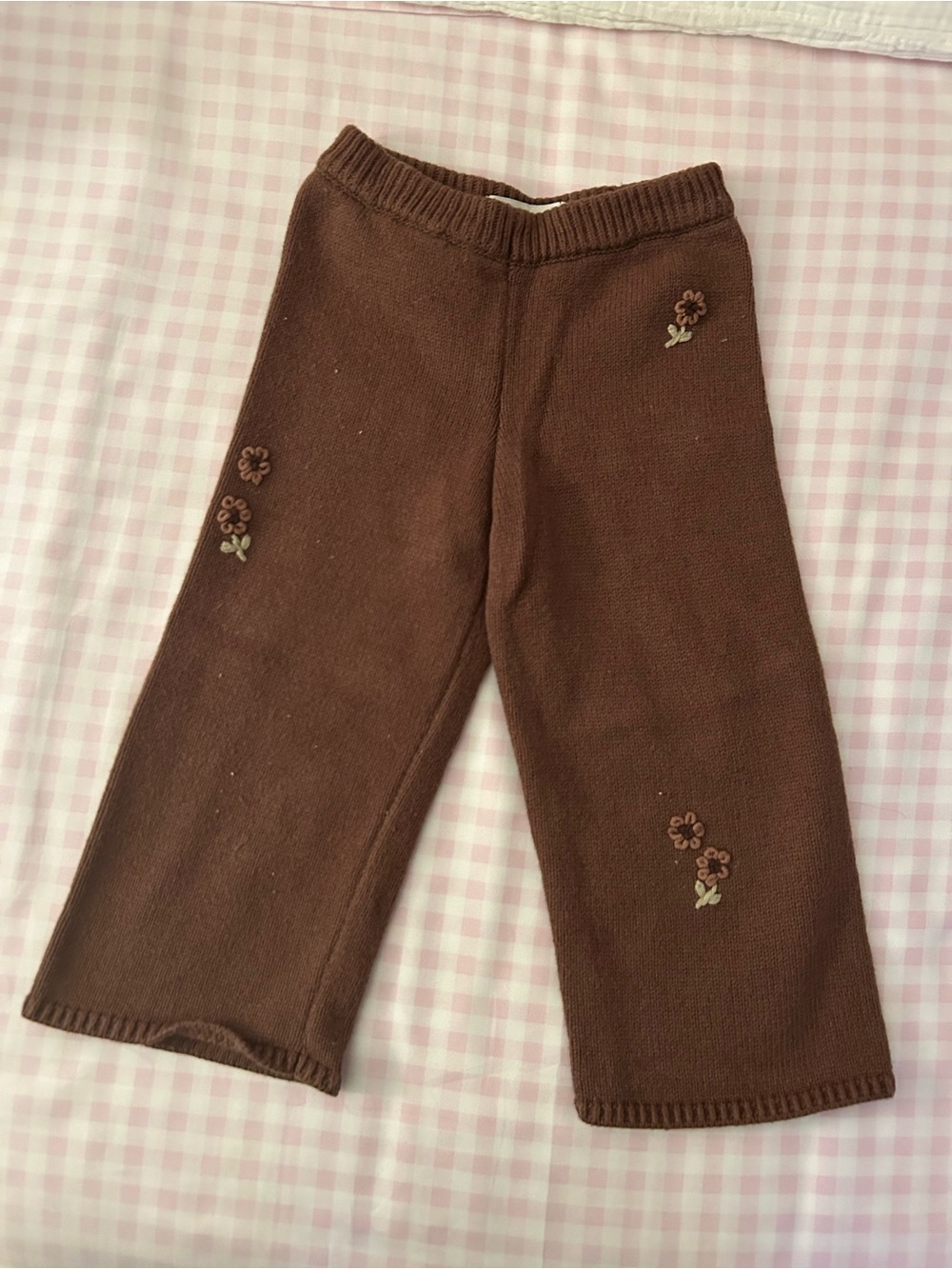Zara Brown Knit Pants with Floral Embroidery